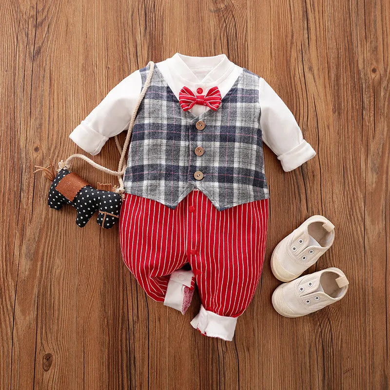 Cotton baby jumpsuit in navy blue gentleman style for spring and autumn wear.