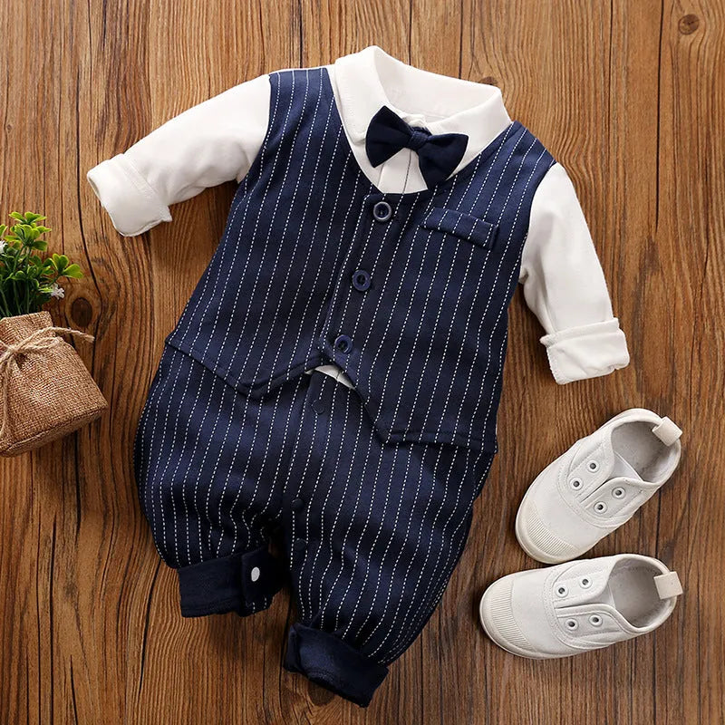 Cotton baby jumpsuit in navy blue gentleman style for spring and autumn wear.