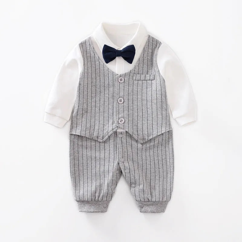 Cotton baby jumpsuit in navy blue gentleman style for spring and autumn wear.