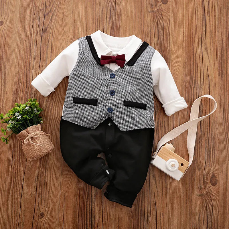 Cotton baby jumpsuit in navy blue gentleman style for spring and autumn wear.