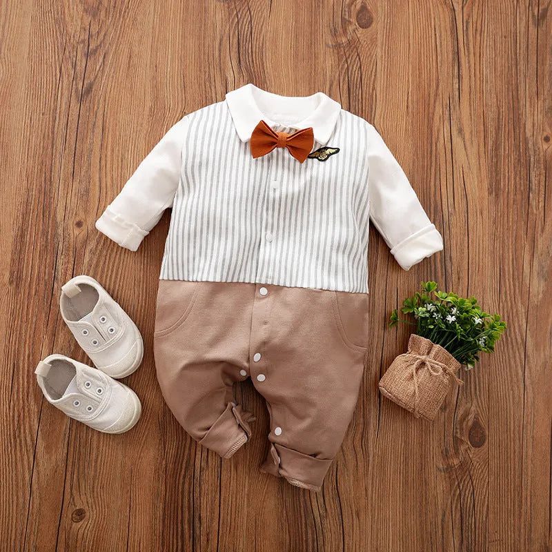 Cotton baby jumpsuit in navy blue gentleman style for spring and autumn wear.