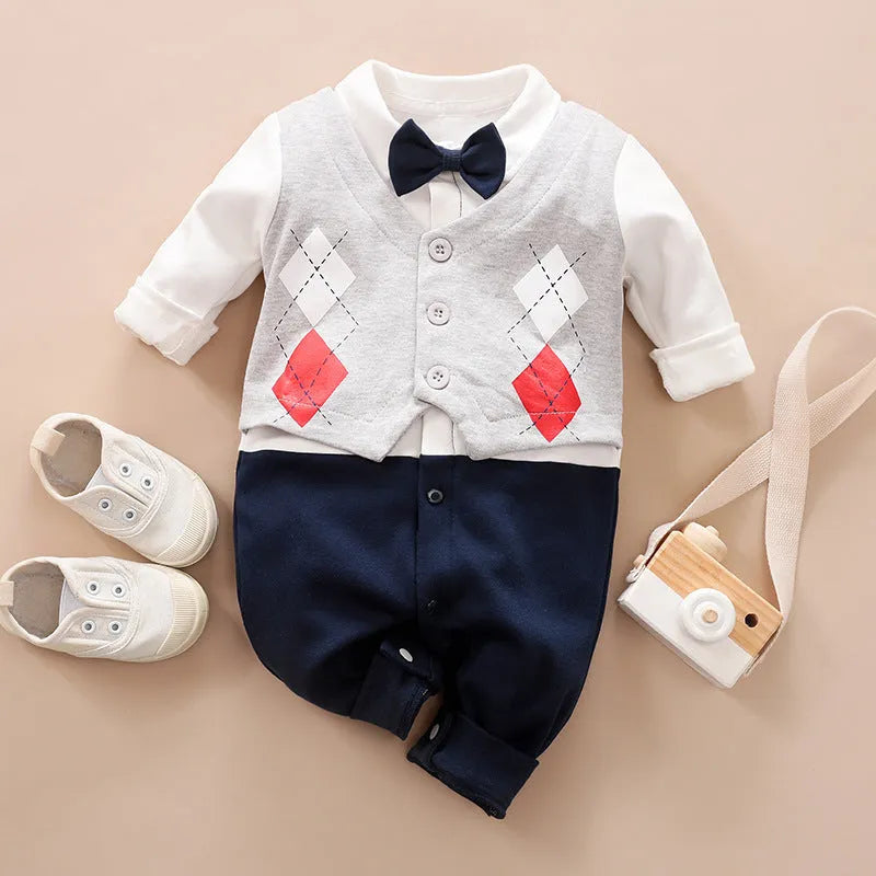 Cotton baby jumpsuit in navy blue gentleman style for spring and autumn wear.
