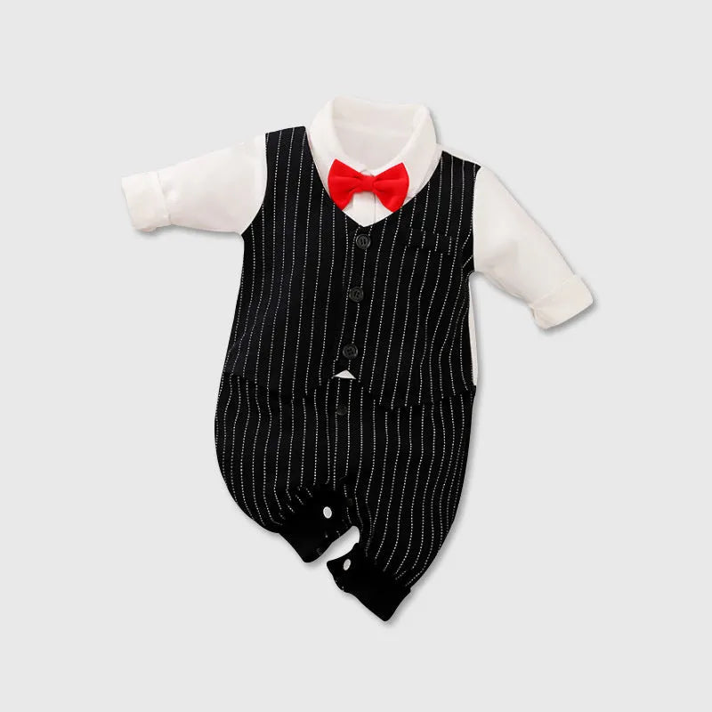 Cotton baby jumpsuit in navy blue gentleman style for spring and autumn wear.