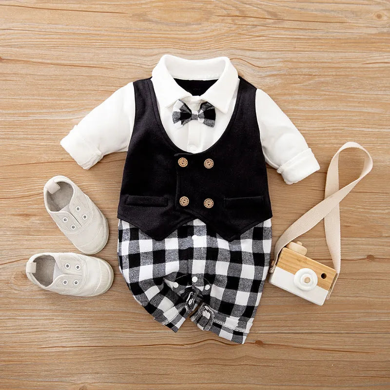 Cotton baby jumpsuit in navy blue gentleman style for spring and autumn wear.