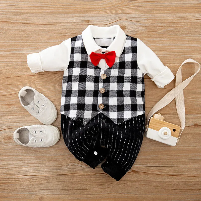 Cotton baby jumpsuit in navy blue gentleman style for spring and autumn wear.