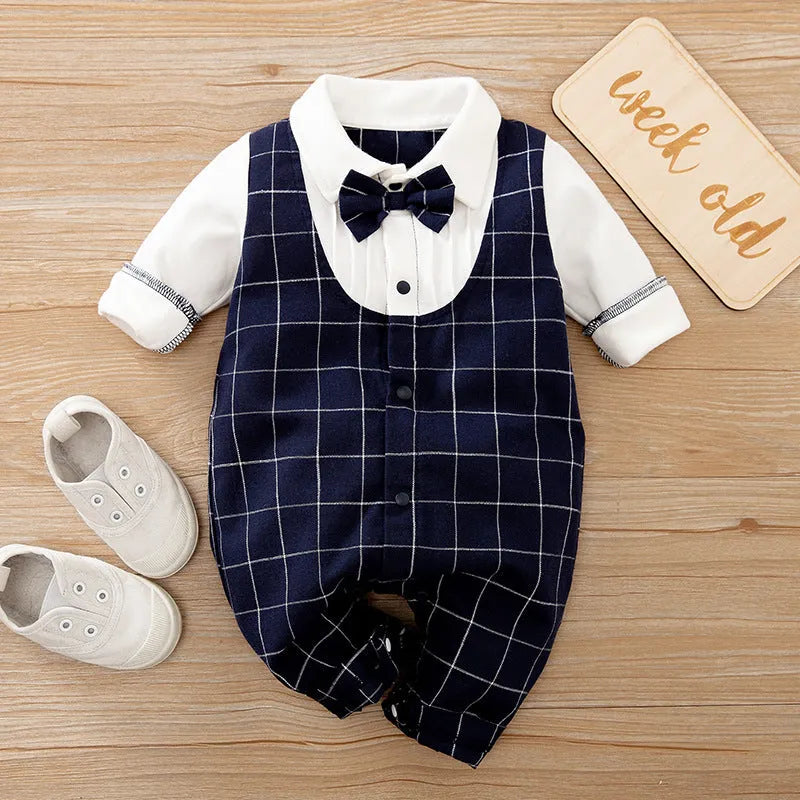 Cotton baby jumpsuit in navy blue gentleman style for spring and autumn wear.