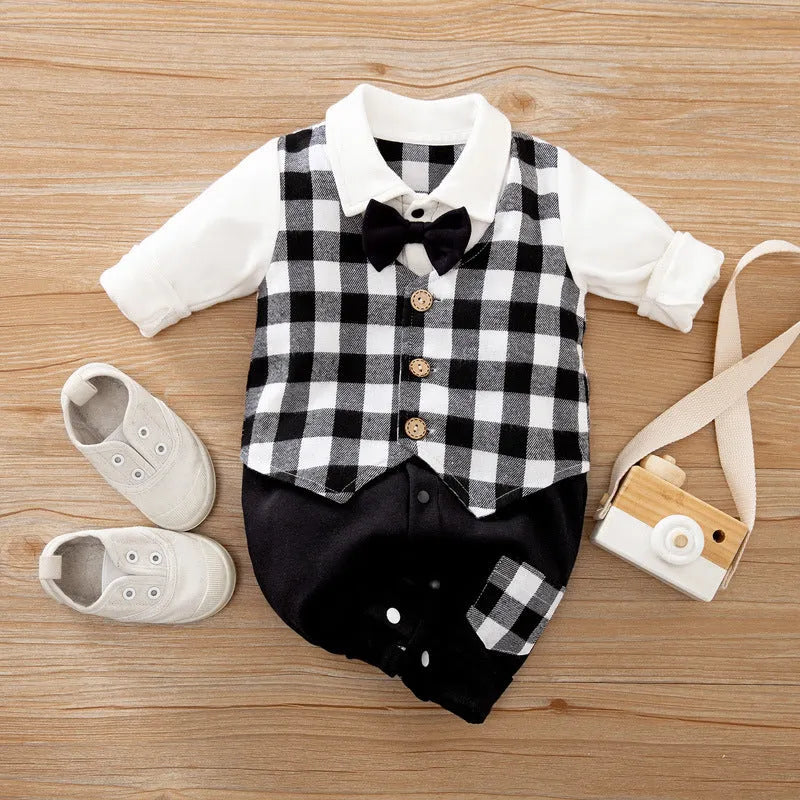 Cotton baby jumpsuit in navy blue gentleman style for spring and autumn wear.