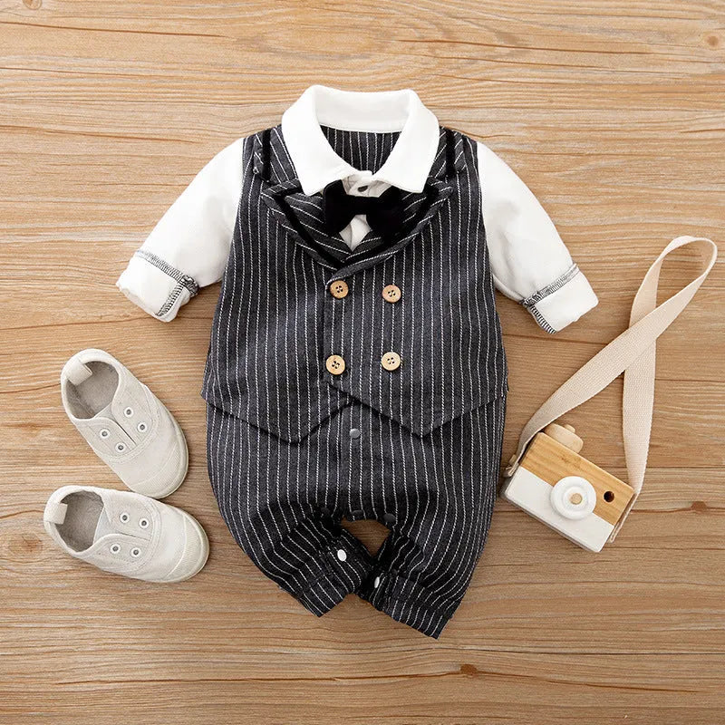 Cotton baby jumpsuit in navy blue gentleman style for spring and autumn wear.