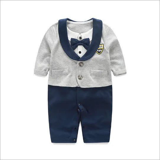 Cotton baby jumpsuit in navy blue gentleman style for spring and autumn wear.