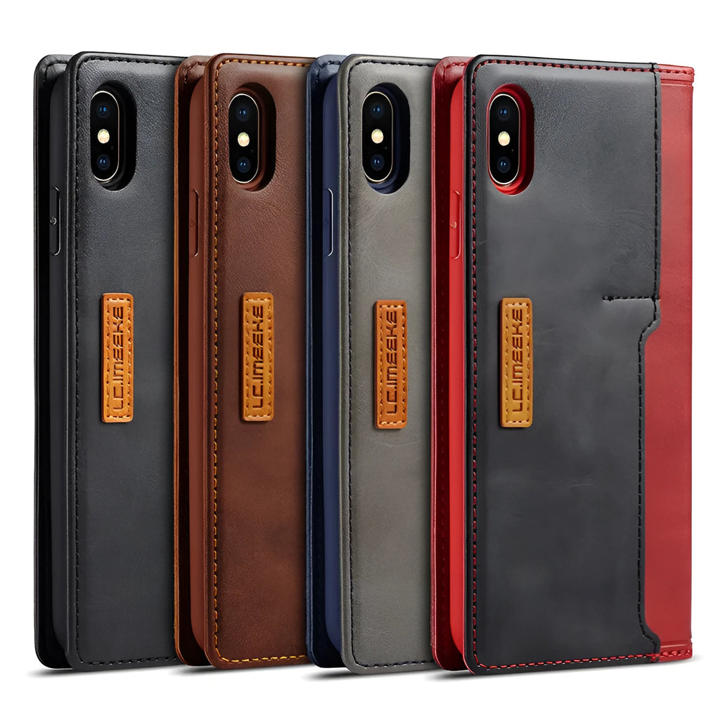 Retro brown leather and PU wallet case for iPhone with flip cover open showing card slots.