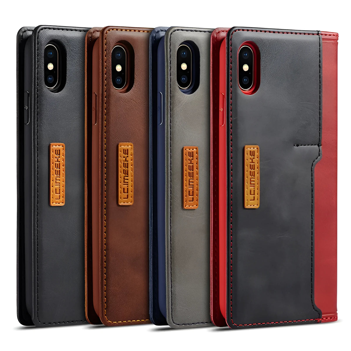 Retro brown leather and PU wallet case for iPhone with flip cover open showing card slots.