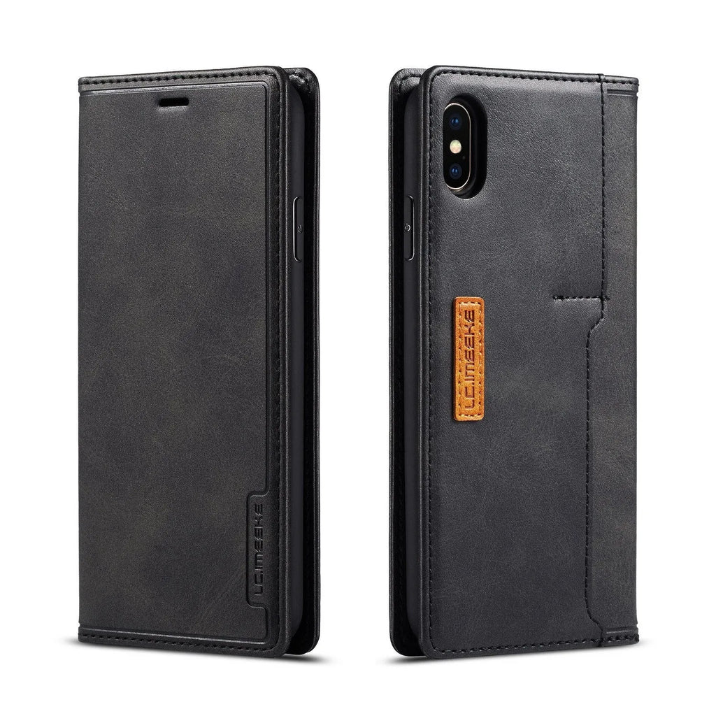 Retro brown leather and PU wallet case for iPhone with flip cover open showing card slots.