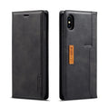 Retro brown leather and PU wallet case for iPhone with flip cover open showing card slots.