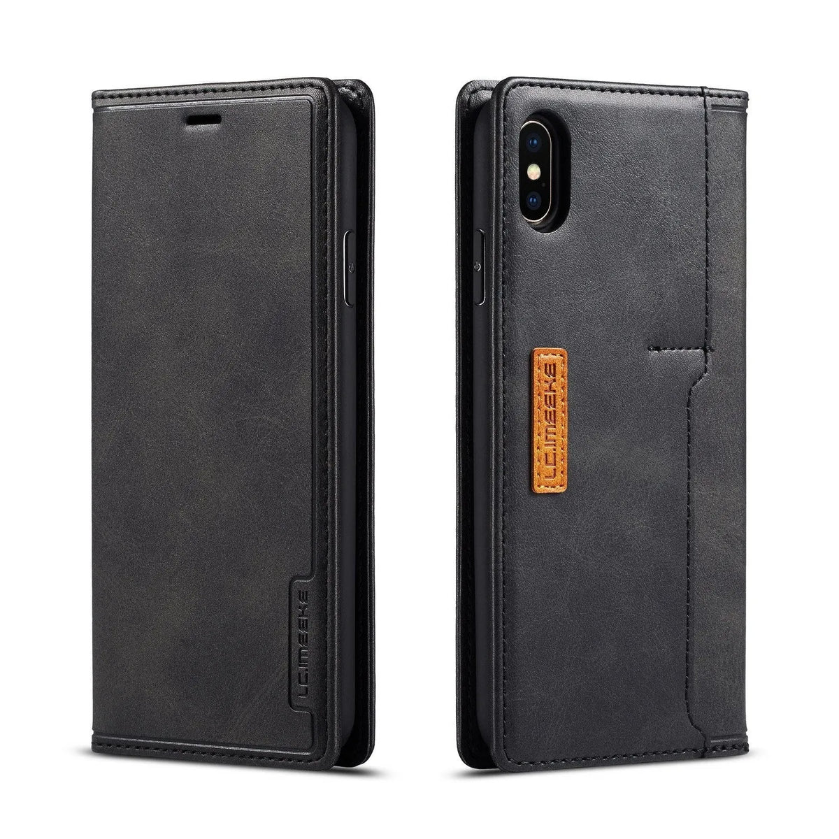 Retro brown leather and PU wallet case for iPhone with flip cover open showing card slots.