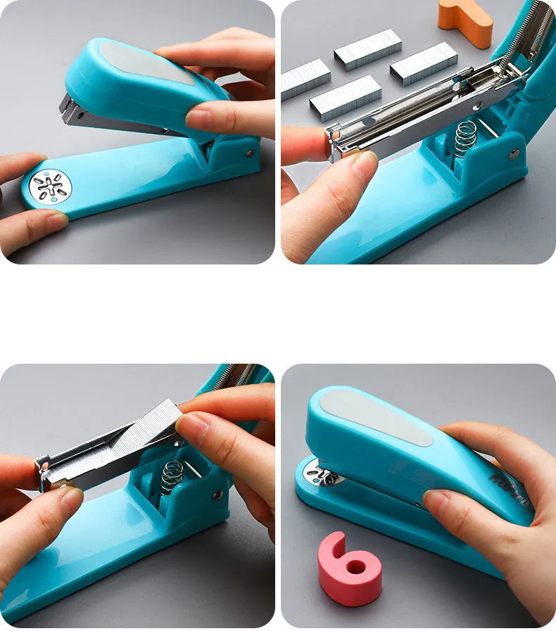 A rotatable stapler in blue showing its 360-degree turning head and metal nail outlet.
