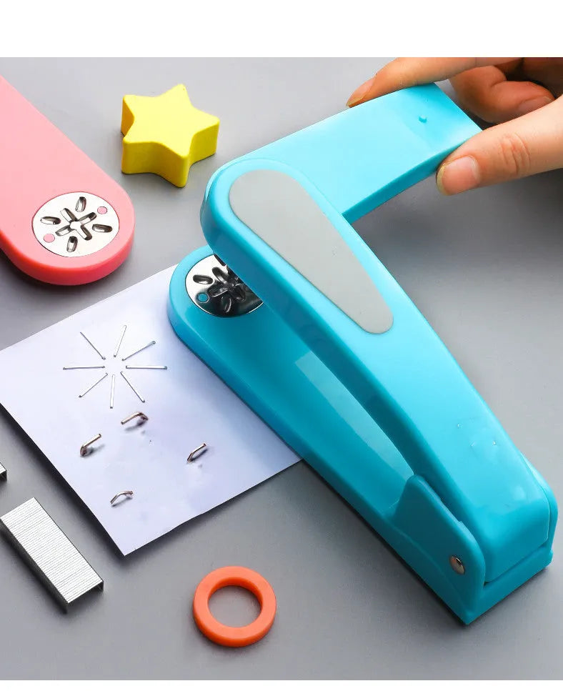 A rotatable stapler in blue showing its 360-degree turning head and metal nail outlet.