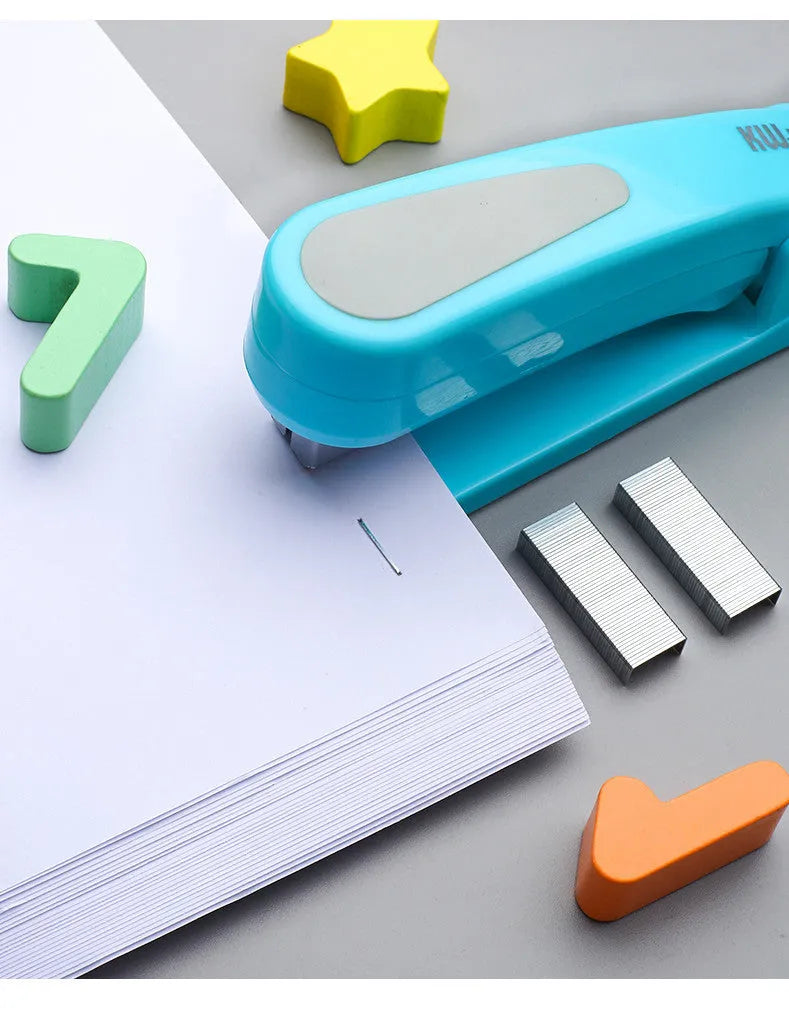 A rotatable stapler in blue showing its 360-degree turning head and metal nail outlet.