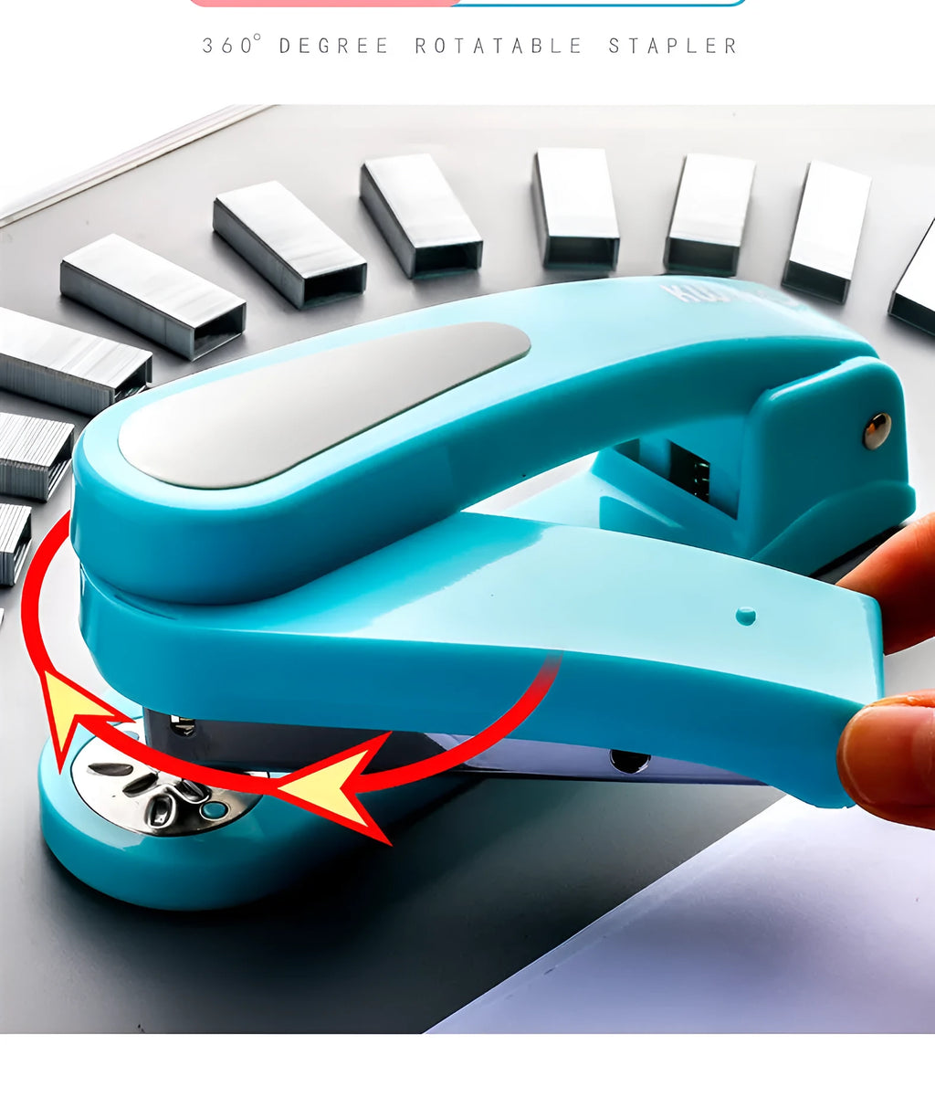 A rotatable stapler in blue showing its 360-degree turning head and metal nail outlet.