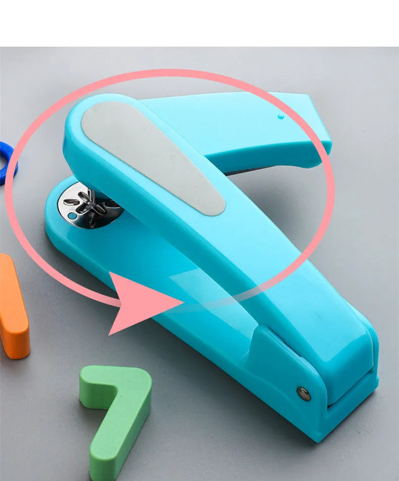 A rotatable stapler in blue showing its 360-degree turning head and metal nail outlet.