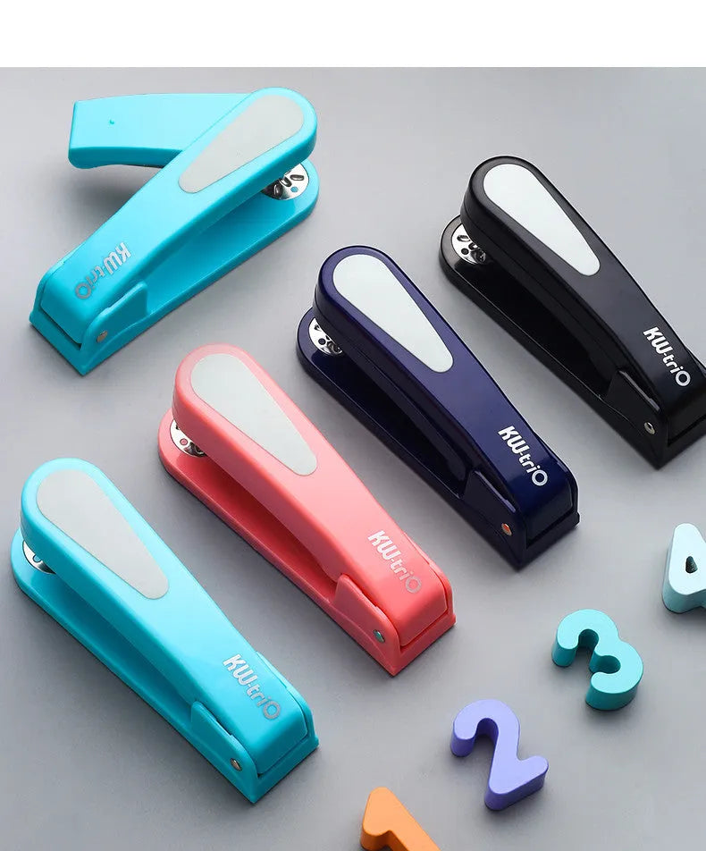 A rotatable stapler in blue showing its 360-degree turning head and metal nail outlet.