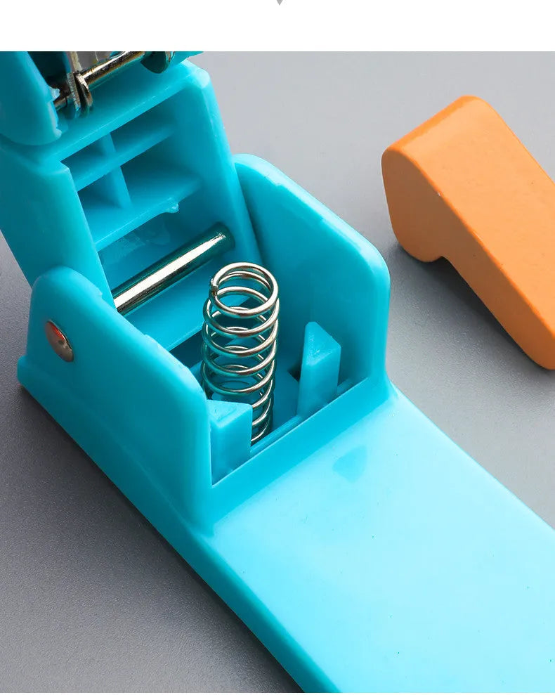 A rotatable stapler in blue showing its 360-degree turning head and metal nail outlet.