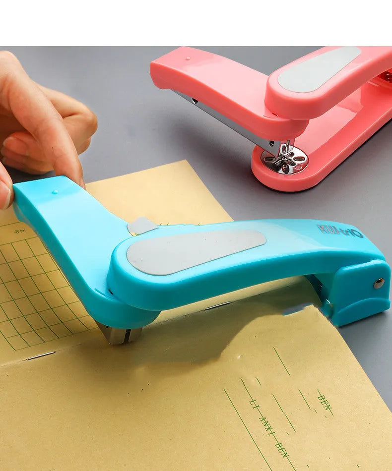 A rotatable stapler in blue showing its 360-degree turning head and metal nail outlet.