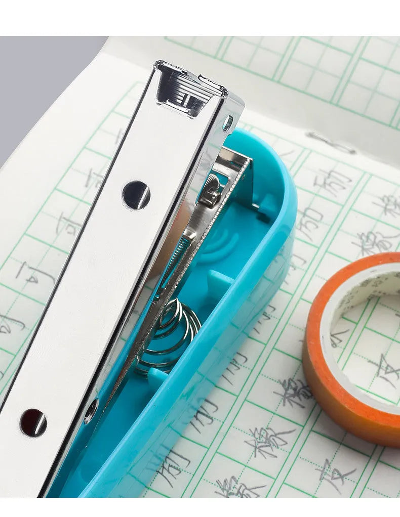 A rotatable stapler in blue showing its 360-degree turning head and metal nail outlet.