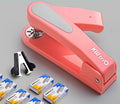 A rotatable stapler in blue showing its 360-degree turning head and metal nail outlet.