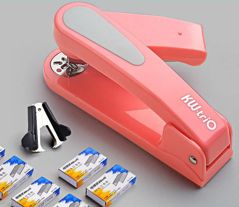 A rotatable stapler in blue showing its 360-degree turning head and metal nail outlet.