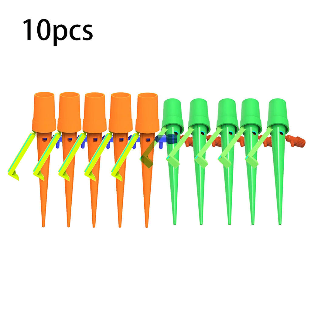 Set of 10 plastic plant watering spikes, 5 green and 5 orange, each 16.5cm x 3cm for garden pots.
