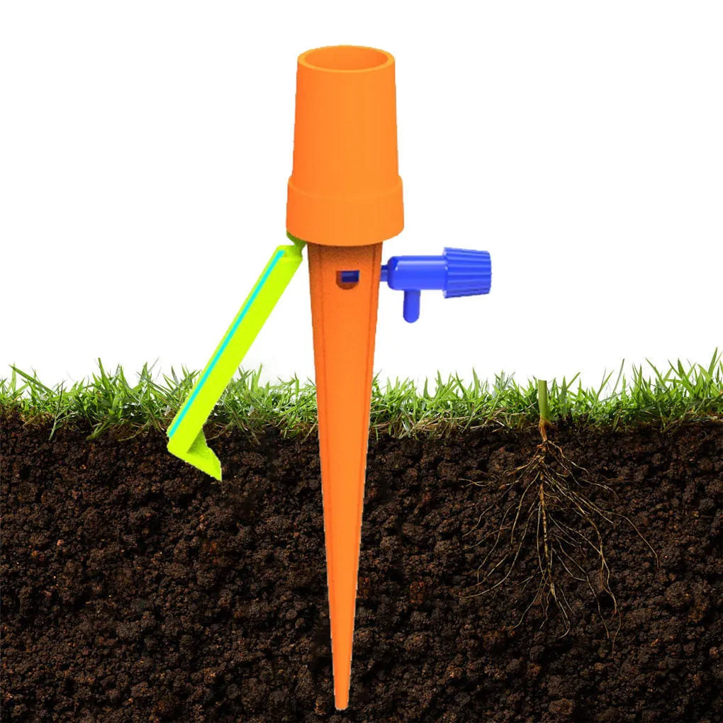 Set of 10 plastic plant watering spikes, 5 green and 5 orange, each 16.5cm x 3cm for garden pots.