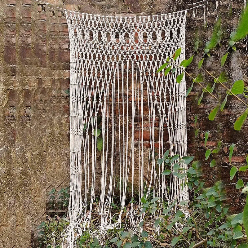 Perforated Nordic woven white partition curtain with tassel detailing, sliding curtain for doorway or window