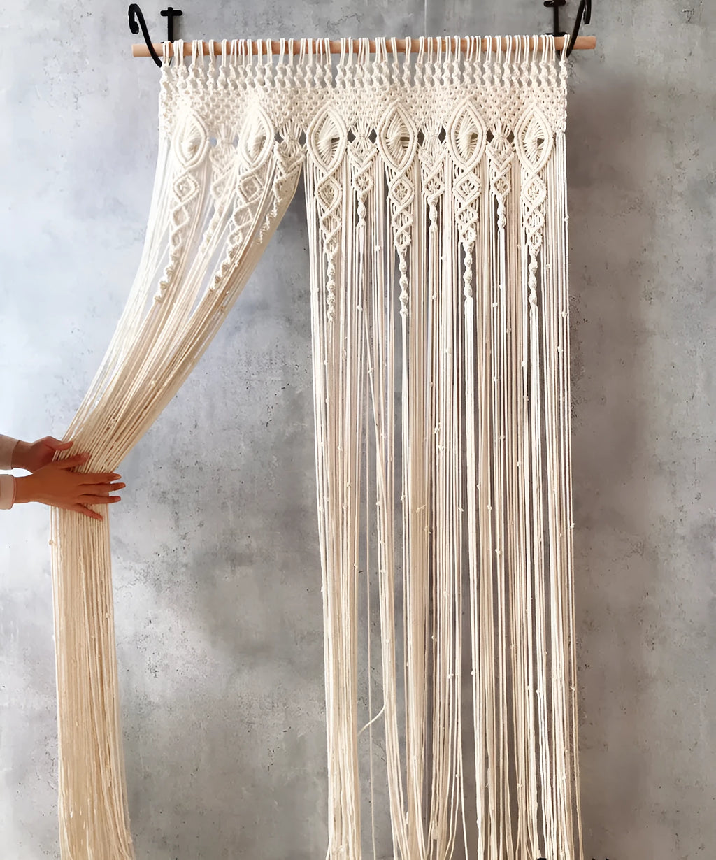 Perforated Nordic woven white partition curtain with tassel detailing, sliding curtain for doorway or window