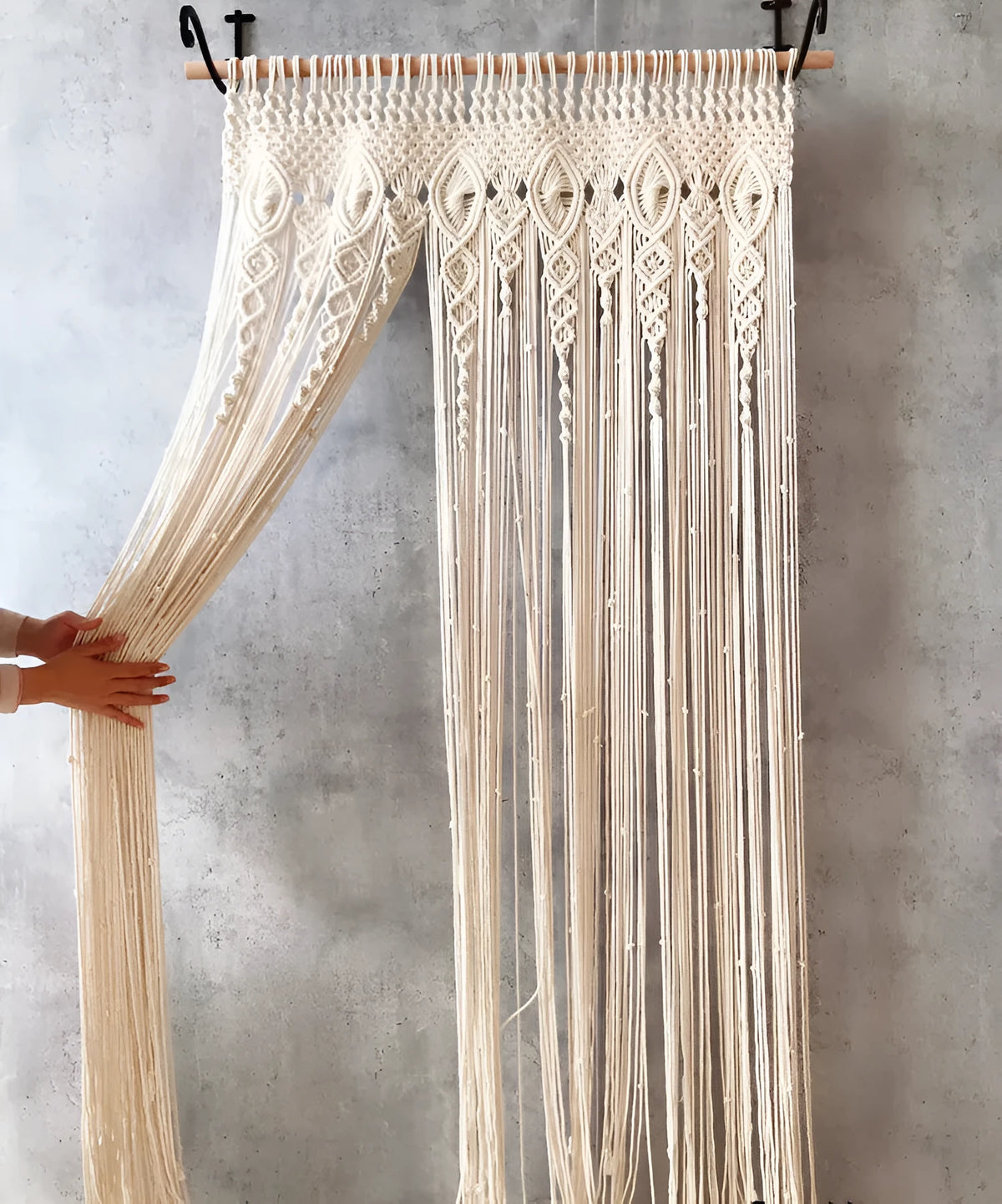 Perforated Nordic woven white partition curtain with tassel detailing, sliding curtain for doorway or window