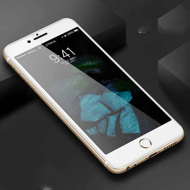 Three tempered glass screen protectors for iPhone models with black and white edge options.