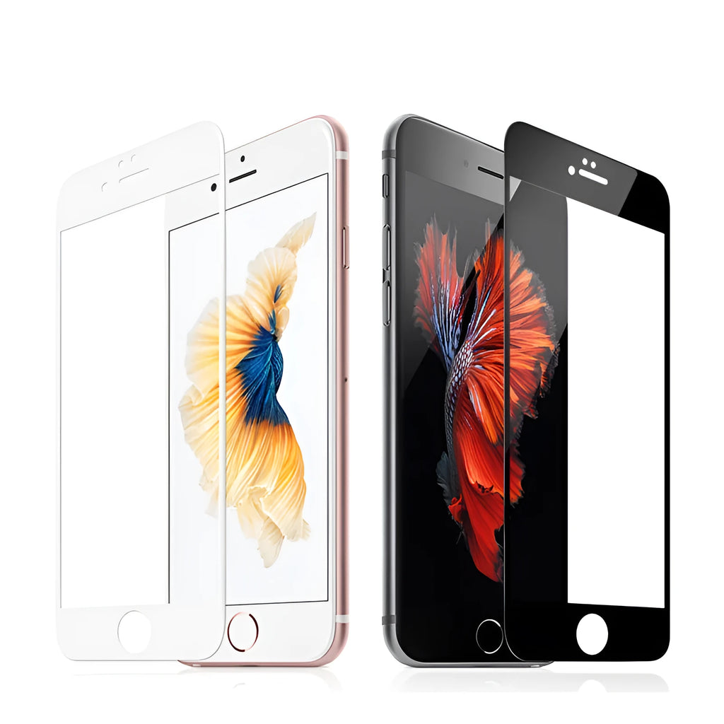 Three tempered glass screen protectors for iPhone models with black and white edge options.