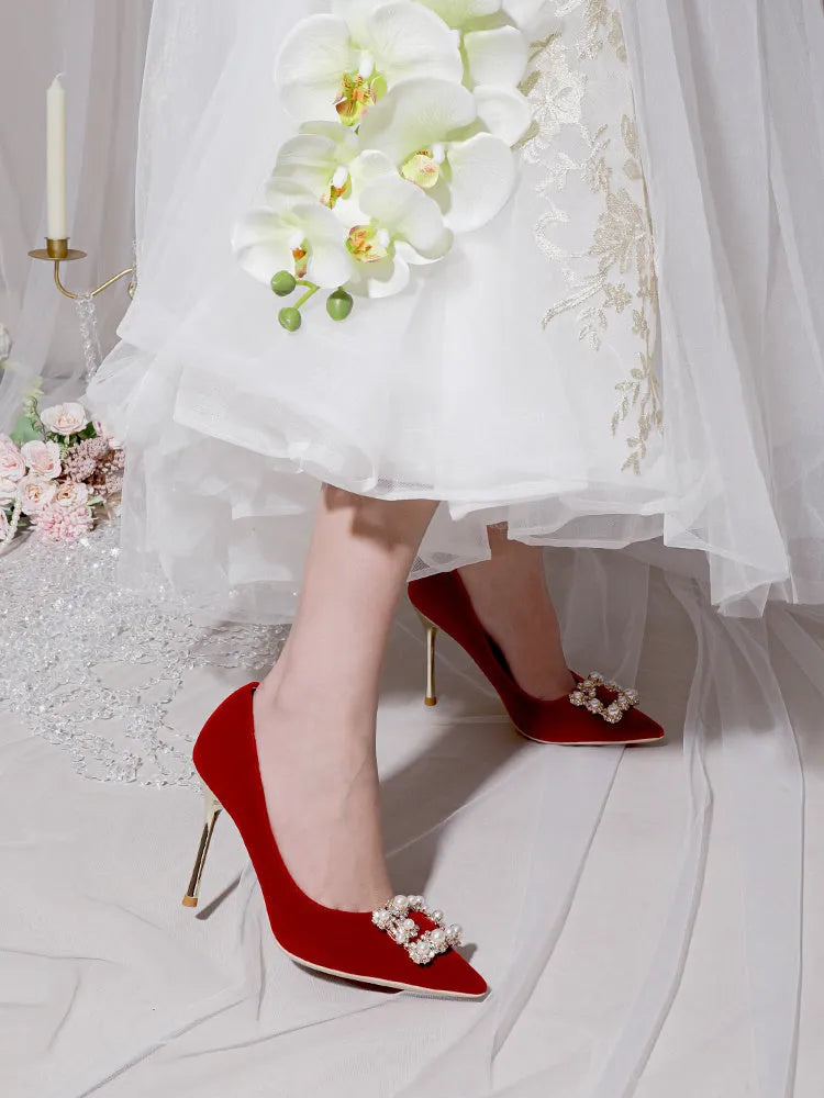 Wine red pearl rhinestone stiletto single shoes with shallow mouth, rubber sole, and 6cm, 8cm, or 10cm heel