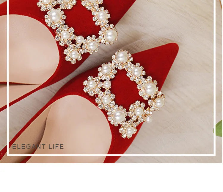Wine red pearl rhinestone stiletto single shoes with shallow mouth, rubber sole, and 6cm, 8cm, or 10cm heel