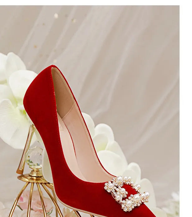 Wine red pearl rhinestone stiletto single shoes with shallow mouth, rubber sole, and 6cm, 8cm, or 10cm heel