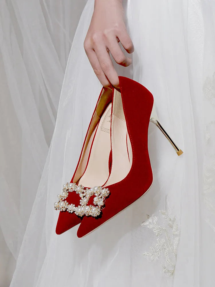 Wine red pearl rhinestone stiletto single shoes with shallow mouth, rubber sole, and 6cm, 8cm, or 10cm heel