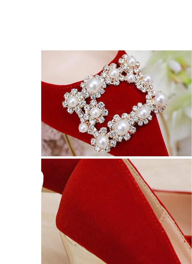 Wine red pearl rhinestone stiletto single shoes with shallow mouth, rubber sole, and 6cm, 8cm, or 10cm heel