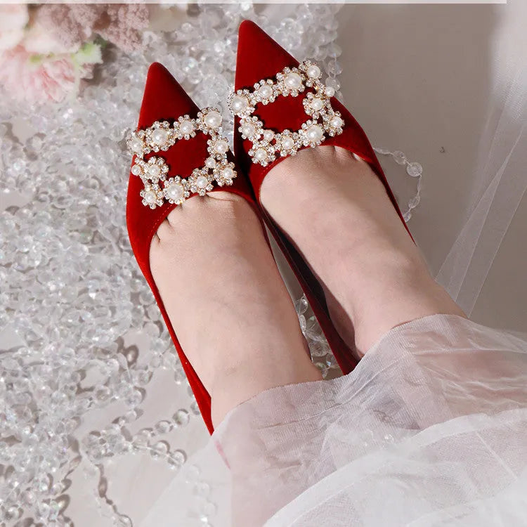 Wine red pearl rhinestone stiletto single shoes with shallow mouth, rubber sole, and 6cm, 8cm, or 10cm heel