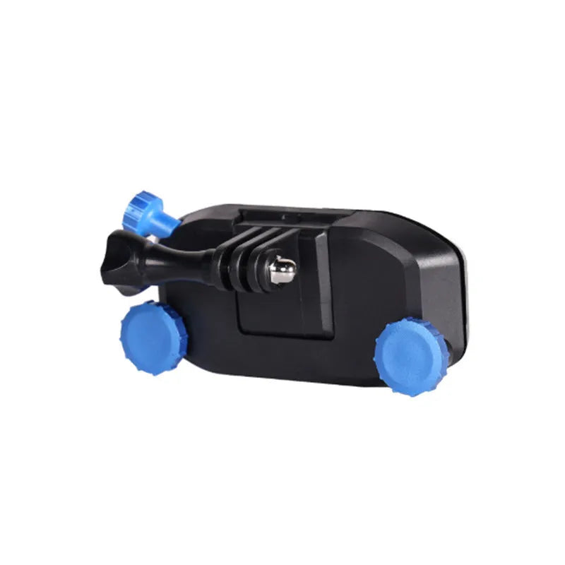 Plastic sports camera shoulder strap buckle in blue and red colour options showing clip mechanism