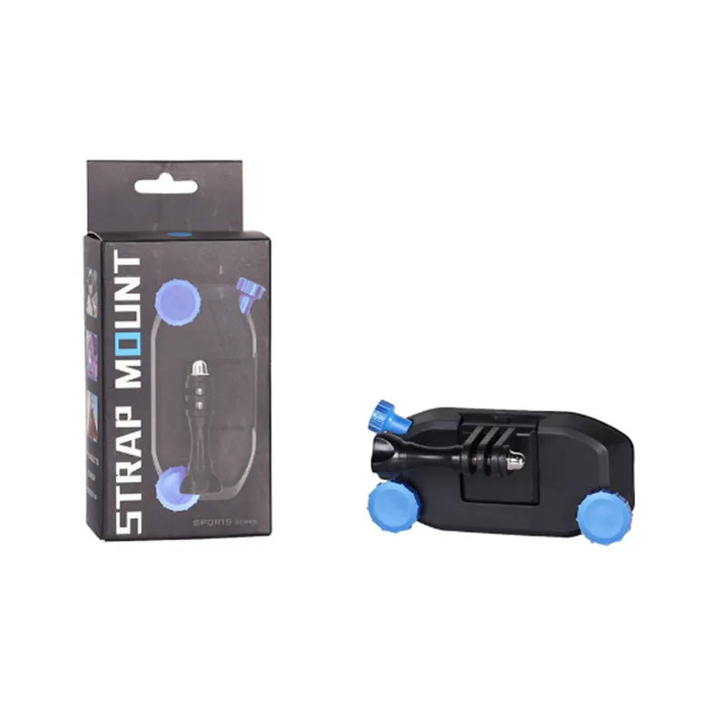 Plastic sports camera shoulder strap buckle in blue and red colour options showing clip mechanism
