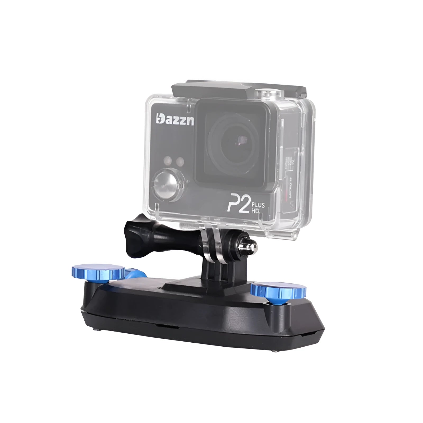 Plastic sports camera shoulder strap buckle in blue and red colour options showing clip mechanism