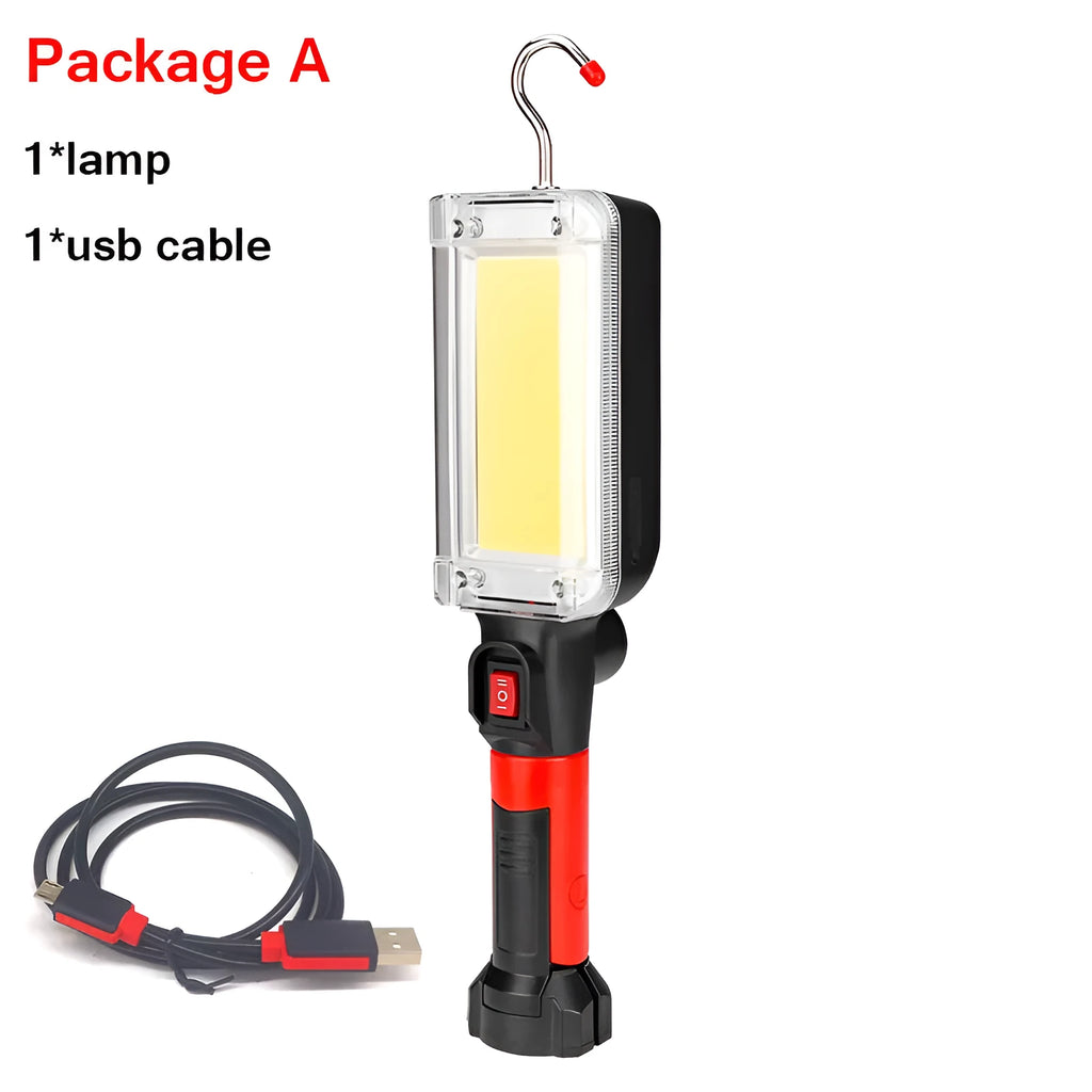 Black portable COB LED work light with magnetic hook and USB charging port