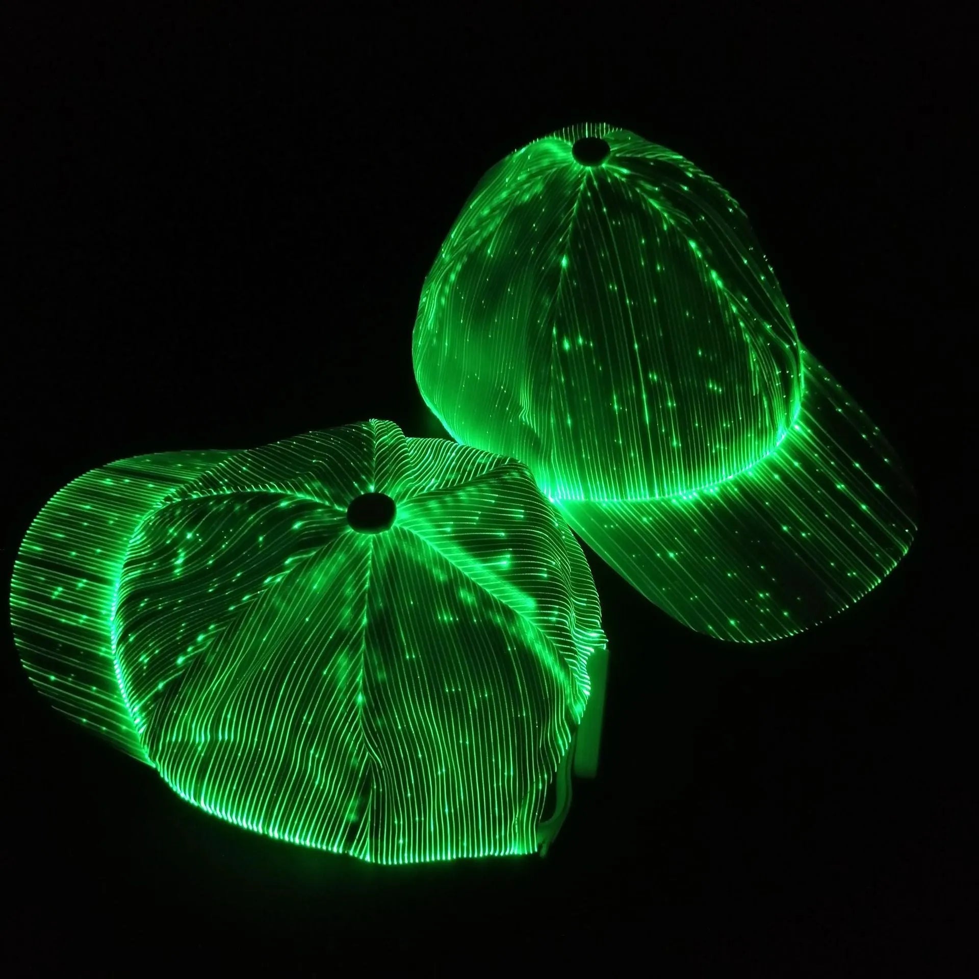 White fibre optic luminous baseball cap with LED glow on dark background