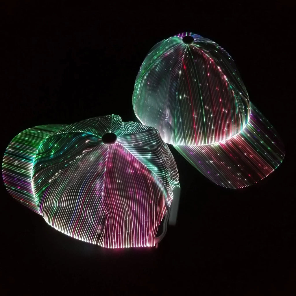 White fibre optic luminous baseball cap with LED glow on dark background