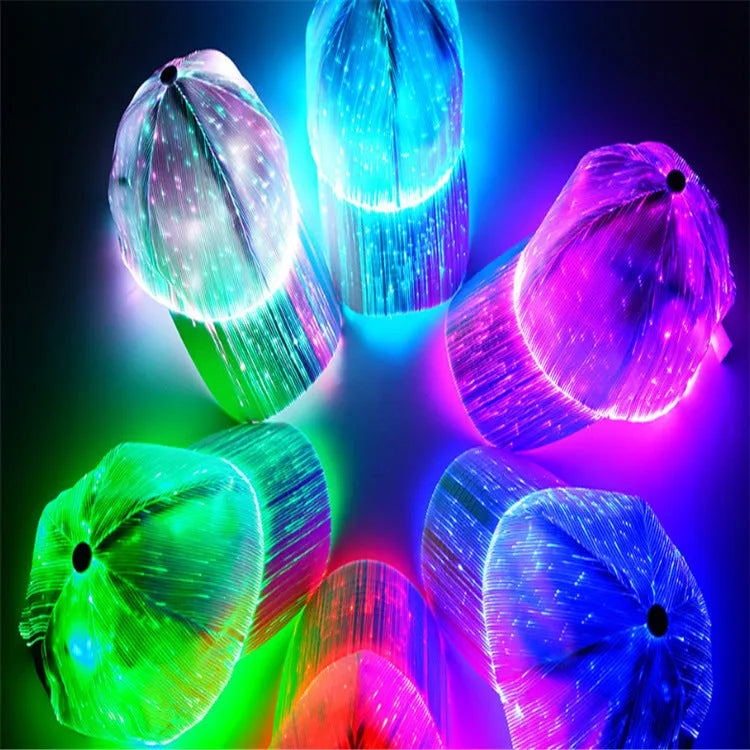 White fibre optic luminous baseball cap with LED glow on dark background