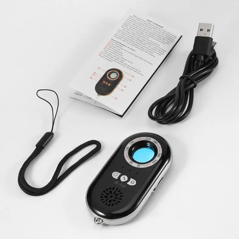 Compact wireless signal detector measuring 85mm with vibration alarm for travel security